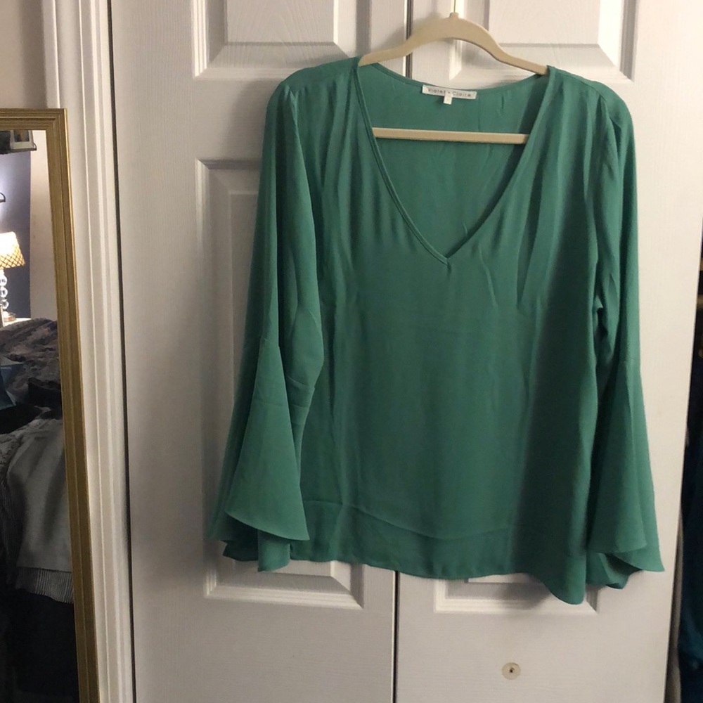 Dark aqua green silk blouse w 3/4 flare sleeves
